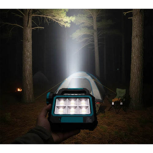 Foco Linterna Reflector Led Recargable Panel Solar Portatil Blanco Frío Celeste Con Negro