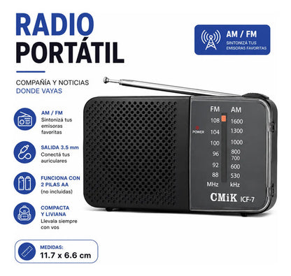 Radio Bolsillo Cmik Am Fm Transistor Pilas Aa Jack 3.5 Mini Negro