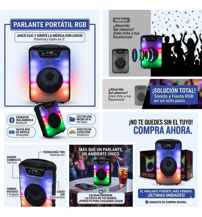 Parlante Inalambrico Bluetooth Ios Android Luces Rgb Usb Tws Negro Mate