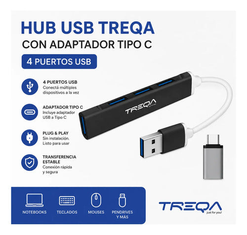 Hub Usb 4 Puertos Notebook Pc + Adaptador Tipo C Usb-a 3.0 Negro
