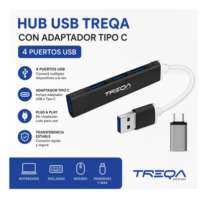 Hub Usb 4 Puertos Notebook Pc + Adaptador Tipo C Usb-a 3.0 Negro