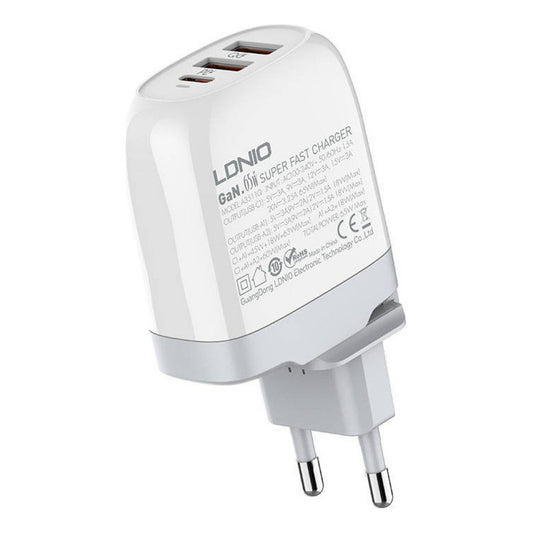 Cargador De Pared 65w Gan 2 Usb + 1 Usb Tipo C