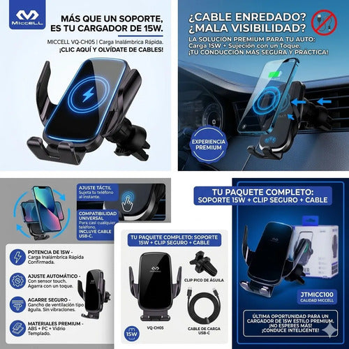 Soporte Cargador Celular Auto Inalambrico 15 W Ios Android Negro