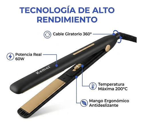 Plancha Pelo Kemei 60w 200c Temperatura Maxima Negro Set Negro Mate
