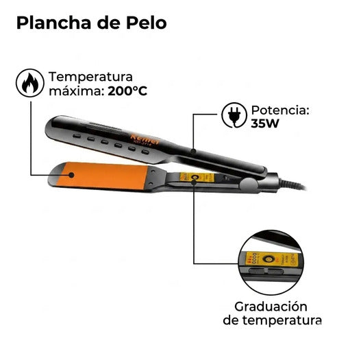 Plancha Pelo Profesional Kemei Temperatura 200c Graduable Negro Con Placas Naranja