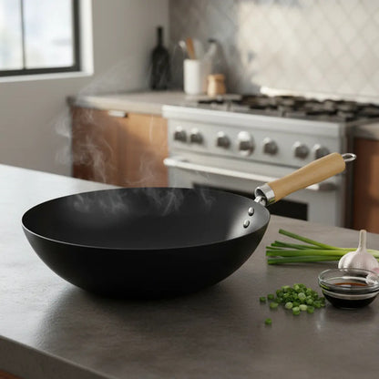 Sartén Wok Antiadherente Mango Madera 30cm Acero Carbono Negro