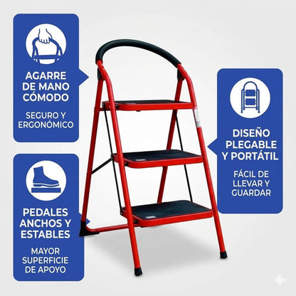 Escalera De 3 Escalones Antideslizante Plegable Metal Roja Rojo