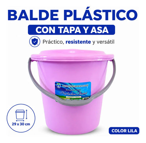 Balde Multiuso Plástico Tapa Asa Manija 29x30cm Baño Jardín Lila