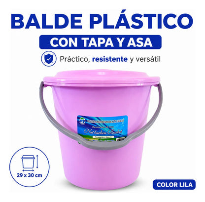 Balde Multiuso Plástico Tapa Asa Manija 29x30cm Baño Jardín Lila
