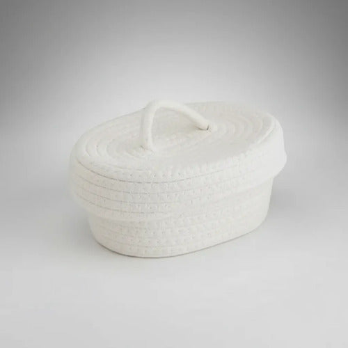 Canasto Cesto Organizador Tejido Cuerda Algodón Tapa 27x9cm Blanco