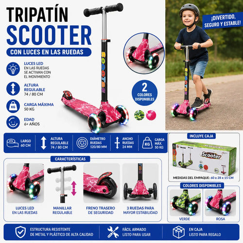 Tripatín Scooter Infantil Luces Ruedas Altura Regulable 50kg Rosa