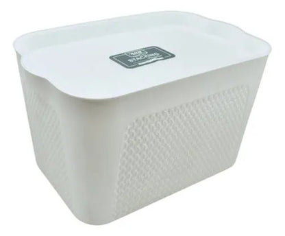 Canasto Caja Organizador Plastico Tapa 38cm Baño Cocina Blanco Texturado Tipo Tejido / Ratán Plástico