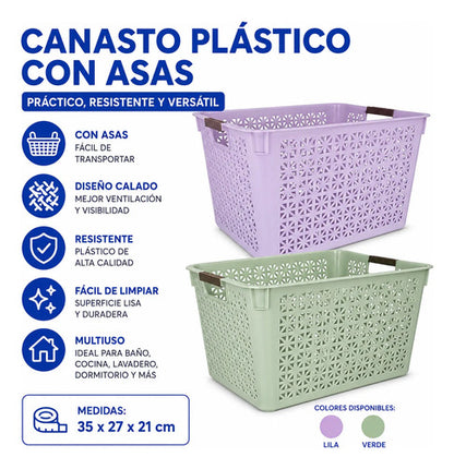 Canasto Multiuso Plástico Organizador Con Asas 35x27x21cm Aleatorio