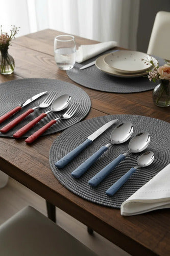 Set Juego De Cubiertos Pack X24 Piezas Pote Acero Inoxidable Azul