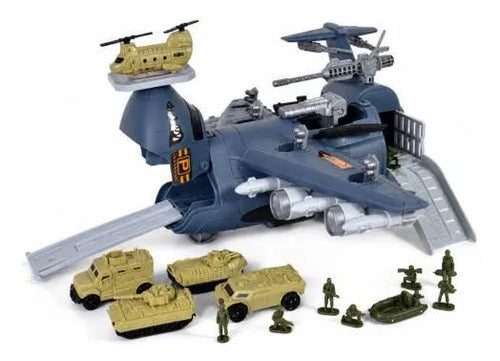 Avión Porta Vehículos Militar Soldados Accesorios 35cm Gris Militar Beige Y Verde Oliva