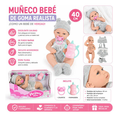 Muñeco Bebé Realista Bañable Goma 40cm Ropa Accesorios