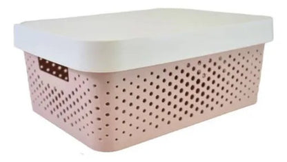 Canasto Plastico Calado Tapa Asas 37x28x15cm Organizador Rosa
