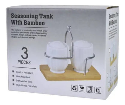Set Salero Pimentero Porcelana Base Bambú Cerámica Soporte Blanco Y Madera Natural