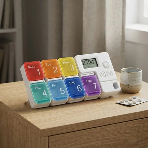 Organizador Pastillero Semanal Alarma Digital Compartimentos Blanco / Multicolor