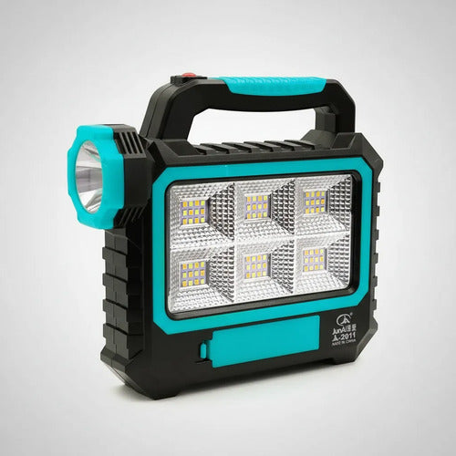 Foco Linterna Reflector Led Recargable Panel Solar Portatil Blanco Frío Celeste Con Negro