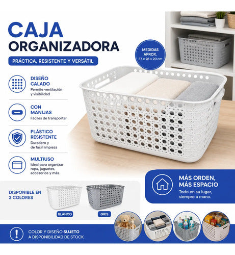 Caja Organizadora Canasto Plástico Calada 37x28x20 Cm Blanco