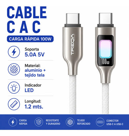 Cable Usb C A C 1.2m 5a Indicador Display Led Reforzado Plateado
