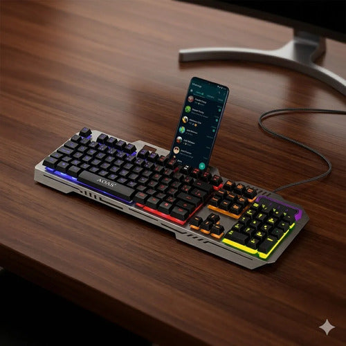 Teclado Gamer Metalico Usb Luces Rgb Soporte Celular Ñ Pc Negro Español Latinoamérica