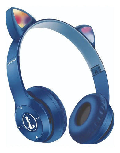 Auricular Orejas Gato Vincha Bluetooth Tf Micrófono Infantil Azul