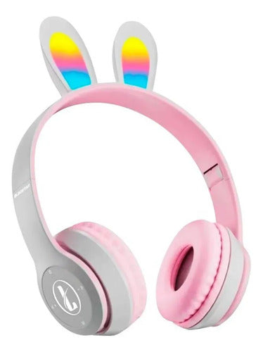Auricular Infantil Bluetooth Rabbit Tf Mic Vincha Ajustable Rosa Con Gris