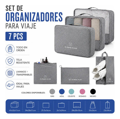 Set Pack Organizadores Viaje 7 Piezas Valija Ropa Bolsas Rosa