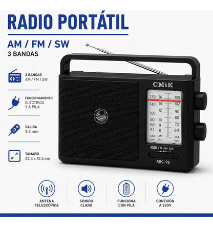 Radio Portátil Am Fm Sw 3 Bandas Eléctrica C/salida 3.5 Negro
