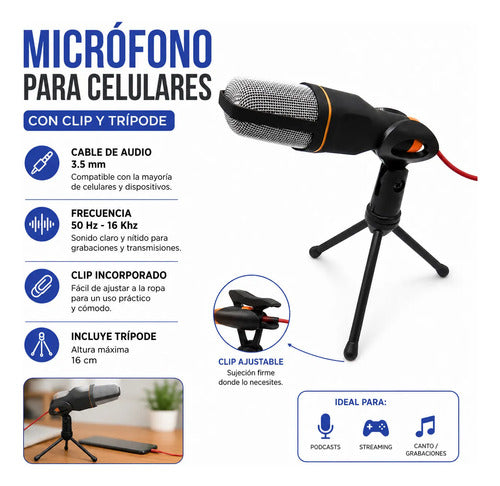 Microfono Celular Clip 3.5mm Tripode Streaming Youtube Pro Negro