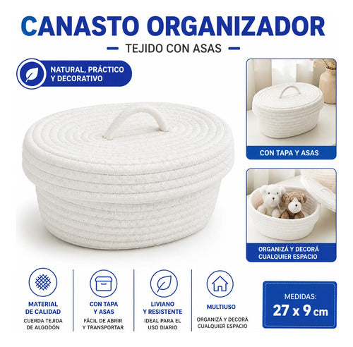Canasto Cesto Organizador Tejido Cuerda Algodón Tapa 27x9cm Blanco