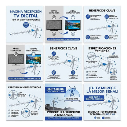 Antenas Exterior Tv Digital Señales Abiertas 18 23 Db 80 Kms Gris Aluminio / Plateado Natural
