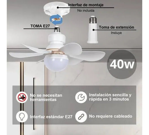 Lámpara Ventilador Led 40w 6 Aspas Control Remoto Rosca E27 52 Cm Blanco