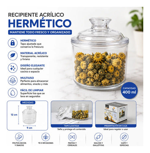 Recipiente Frasco Acrílico Hermético 400ml Cocina Tapa Transparente