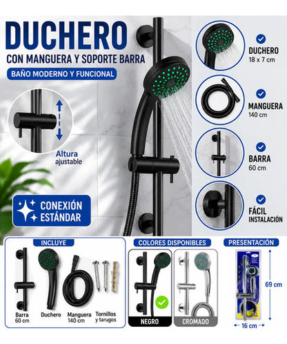 Set Ducha Manguera Soporte Barra Ajustable Manual Barra 140c Negro Mate