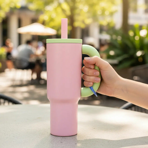 Vaso Termico 1.2l Acero Manija Sorbito Tapa 4 Color Botella Rosado Con Verde Moderno Con Manija Y Sorbito