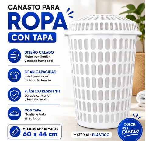 Cesto Canasto Ropa Plástico Calado Con Tapa Redondo Hogar Blanco