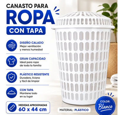 Cesto Canasto Ropa Plástico Calado Con Tapa Redondo Hogar Blanco