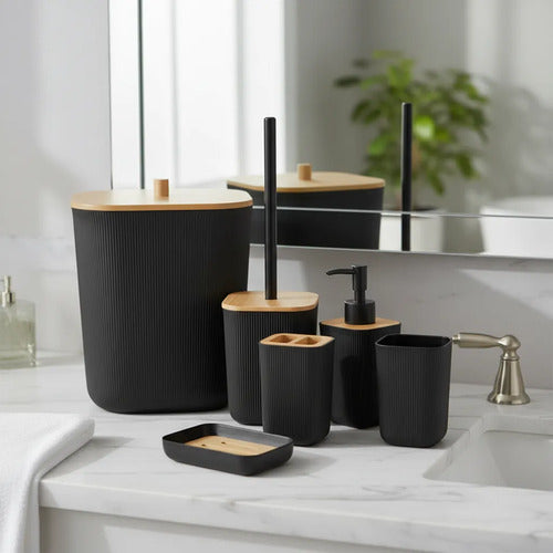 Juego De Baño Set Accesorios Papelera Plástico Porta Cepillo Negro