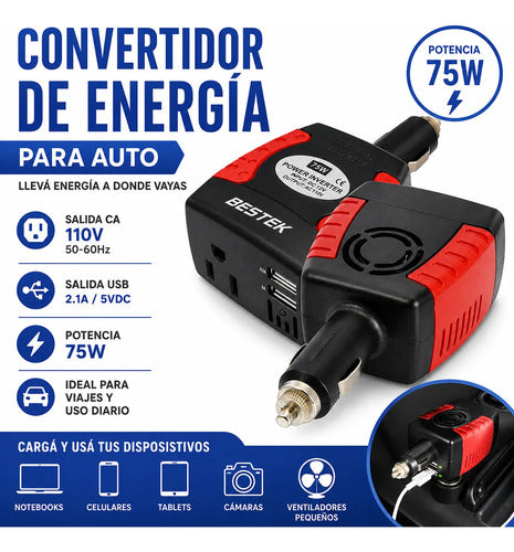Convertidor Energía Auto Inversor Corriente 2 Usb Cargador