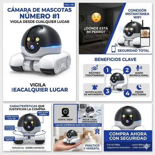 Robot Camara Wifi Interior Mascotas Full Hd Vision Nocturna Blanco