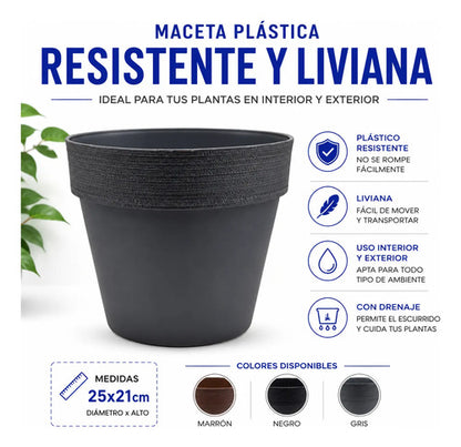 Maceta Plástica Redonda Texturizada 25x21cm Decorativa Marrón