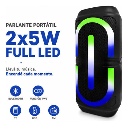 Parlante Portátil Bluetooth 2x4 Led Tws Usb Fm 10w 1500mah Negro