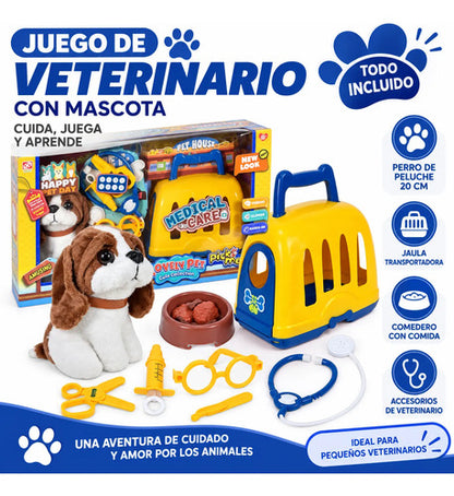 Set Veterinario Infantil Mascota Peluche Jaula Accesorios Amarillo Y Azul
