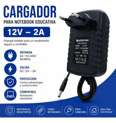 Cargador Para Notebook Laptop Educativa 12v 2a Fuente 24w Dc Negro