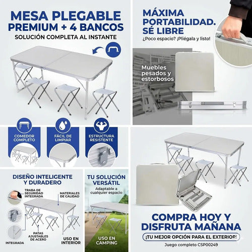 Mesa Plegable Con Asientos Exterior Acero Plastico Camping Blanco