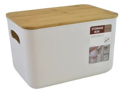 Contenedor Caja Organizadora Plastica Tapa Madera 25.5cm Pp Blanco