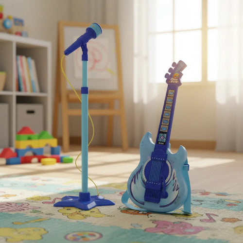 Guitarra Infantil Con Micrófono Regulable Luces Sonido Azul